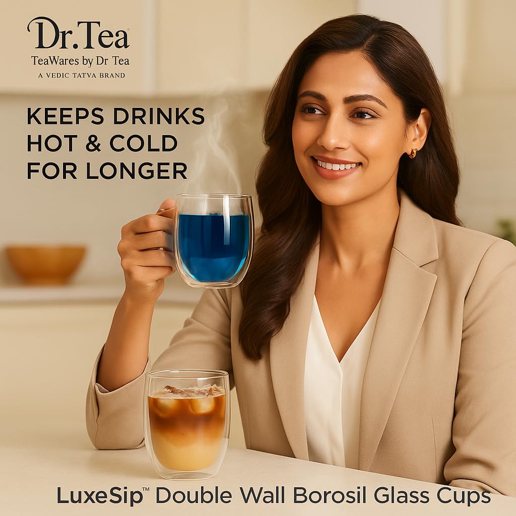 Vedic Tatva Double Wall Glass Cup 260ml – Pack of 2 | Insulated Coffee & Tea Mug for Hot/Cold Drinks – Stylish, Microwave Safe – Espresso, Milk, Cappuccino, Juice, Chocolate