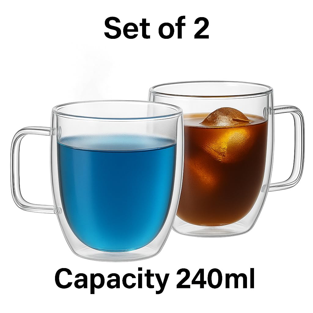 Vedic Tatva Double Wall Glass Cup 260ml – Pack of 2 | Insulated Coffee & Tea Mug for Hot/Cold Drinks – Stylish, Microwave Safe – Espresso, Milk, Cappuccino, Juice, Chocolate