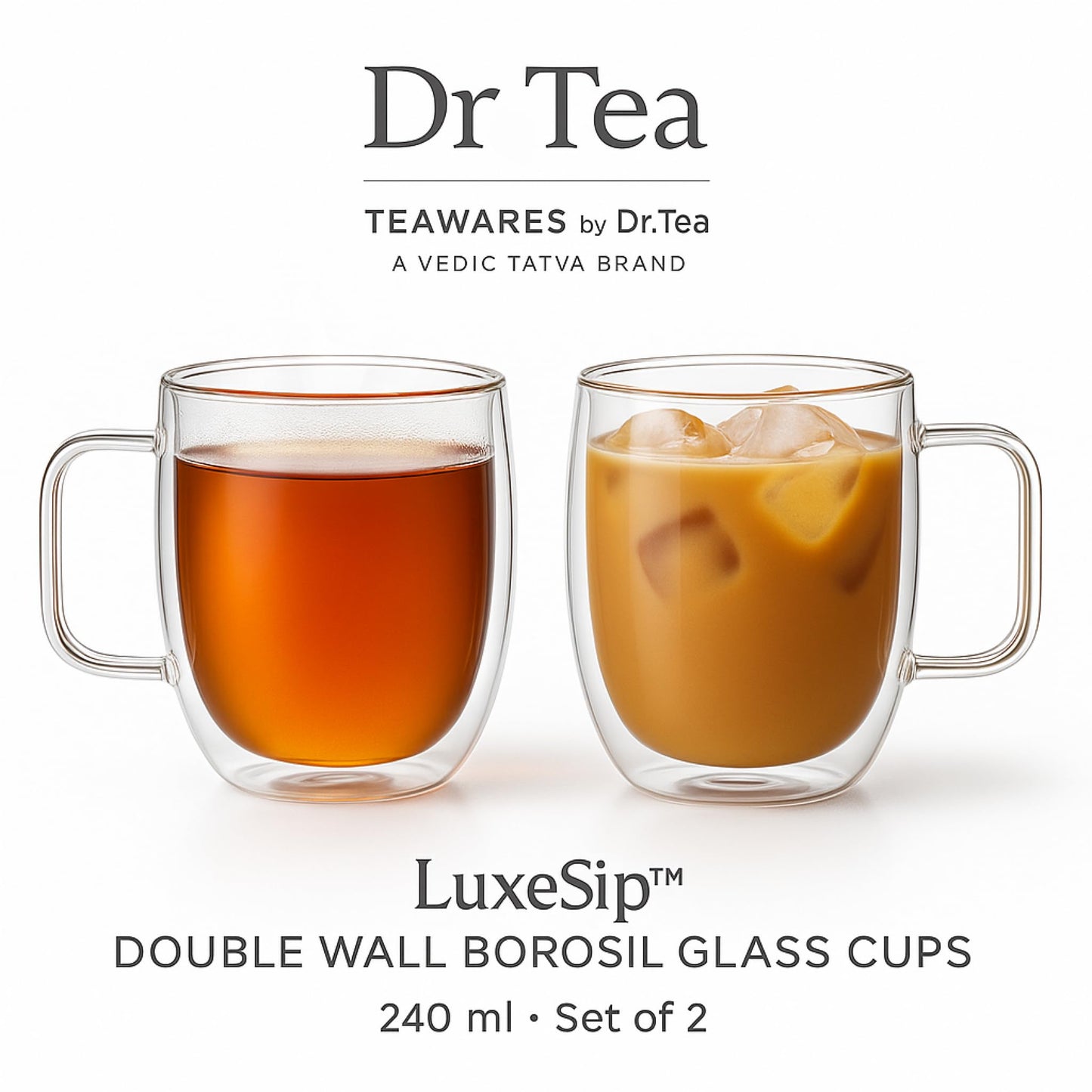 Vedic Tatva Double Wall Glass Cup 260ml – Pack of 2 | Insulated Coffee & Tea Mug for Hot/Cold Drinks – Stylish, Microwave Safe – Espresso, Milk, Cappuccino, Juice, Chocolate